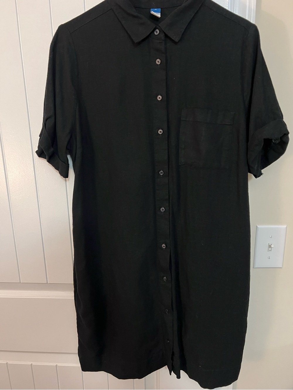 Old Navy Linen Black Short-Sleeve Button-Down Dress with Pockets
